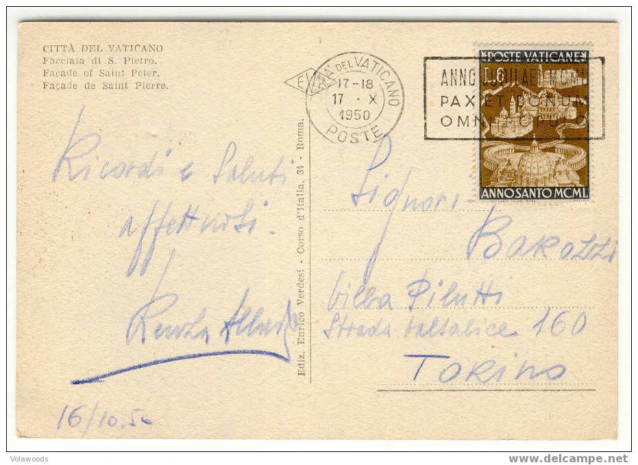 Vaticano - Cartolina Viaggiata 1950 - Facciata Di S. Pietro - Storia Postale