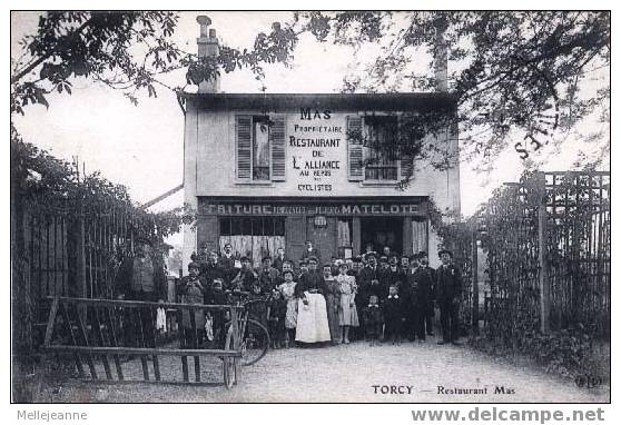 Cpa Torcy (77) Restaurant De L´Alliance , Au Repos Des Cyclistes . Propriétaire Mas , Très Belle Animation - Torcy