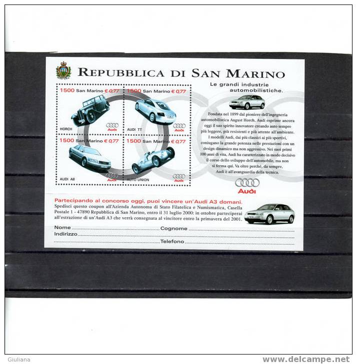 Rep. San Marino - Foglietto  N. 53** (Sassone) 1999 Le Grandi Industrie Automobilistiche-Audi - Hojas Bloque