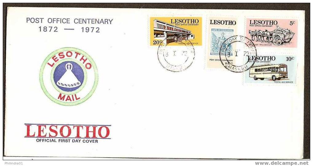 LESOTHO 1972 POST OFFICE CENTENERY, STAMP ON STAMP, BUS, HORSE CART FDC # 6609 - Lesotho (1966-...)