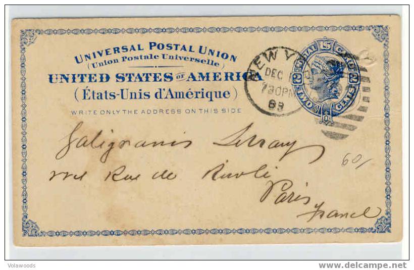 USa - Cartolina Postale Per L'estero Usata Nel 1889 Per La Francia - ...-1900