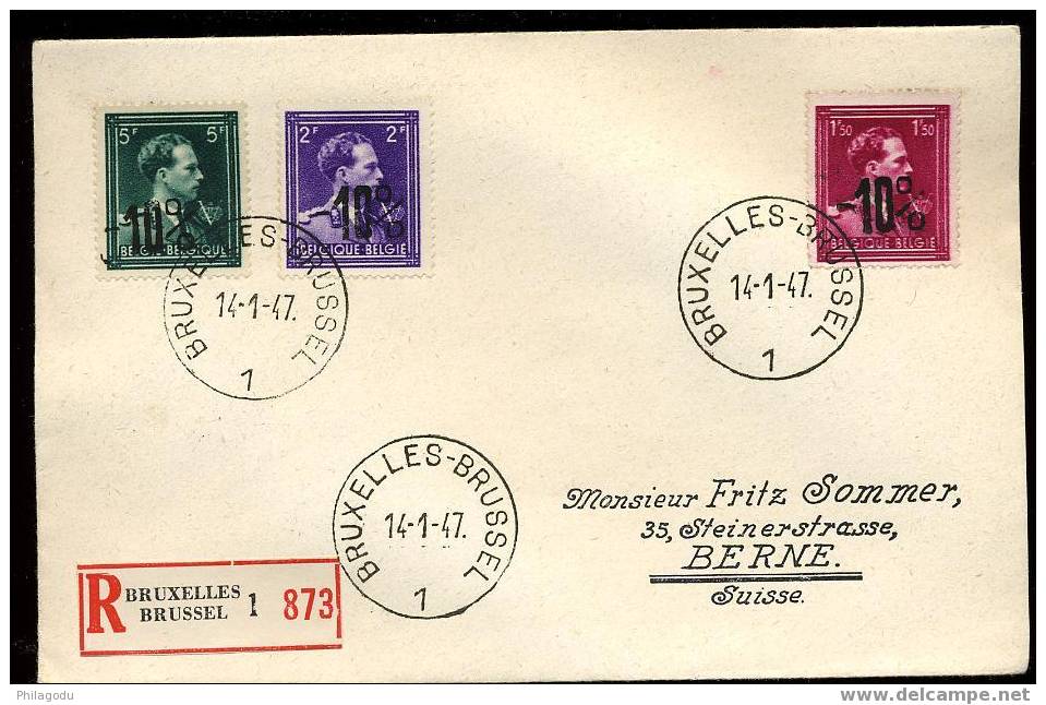Mont Sur Marchienne 3 Val -10%   Sur Lettre  Rec Vers La Suisse   14/01/1947 - Lettres & Documents