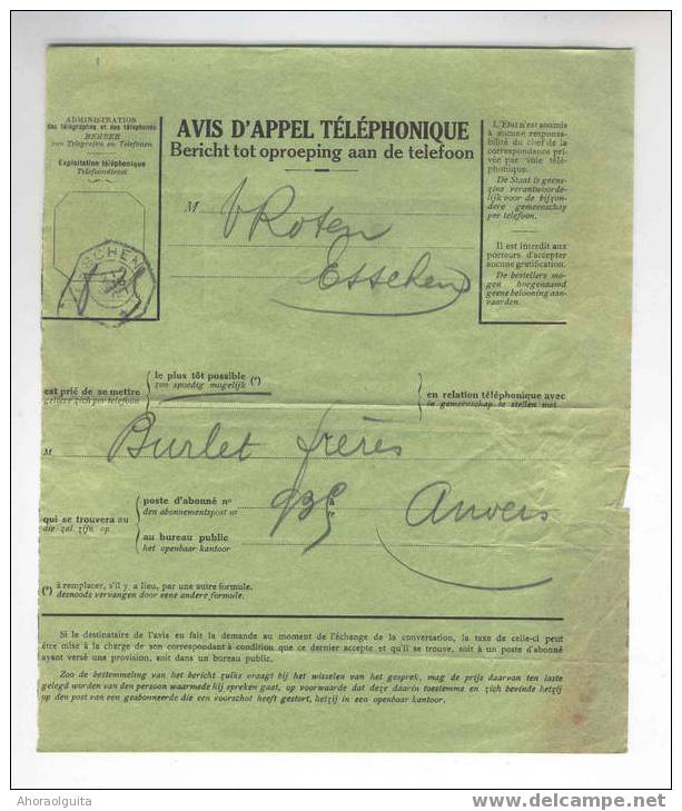 Avis D'Appel TELEPHONE Cachet Télégraphique ESSCHEN 1921   --  4/896 - Telekommunikation [TE]