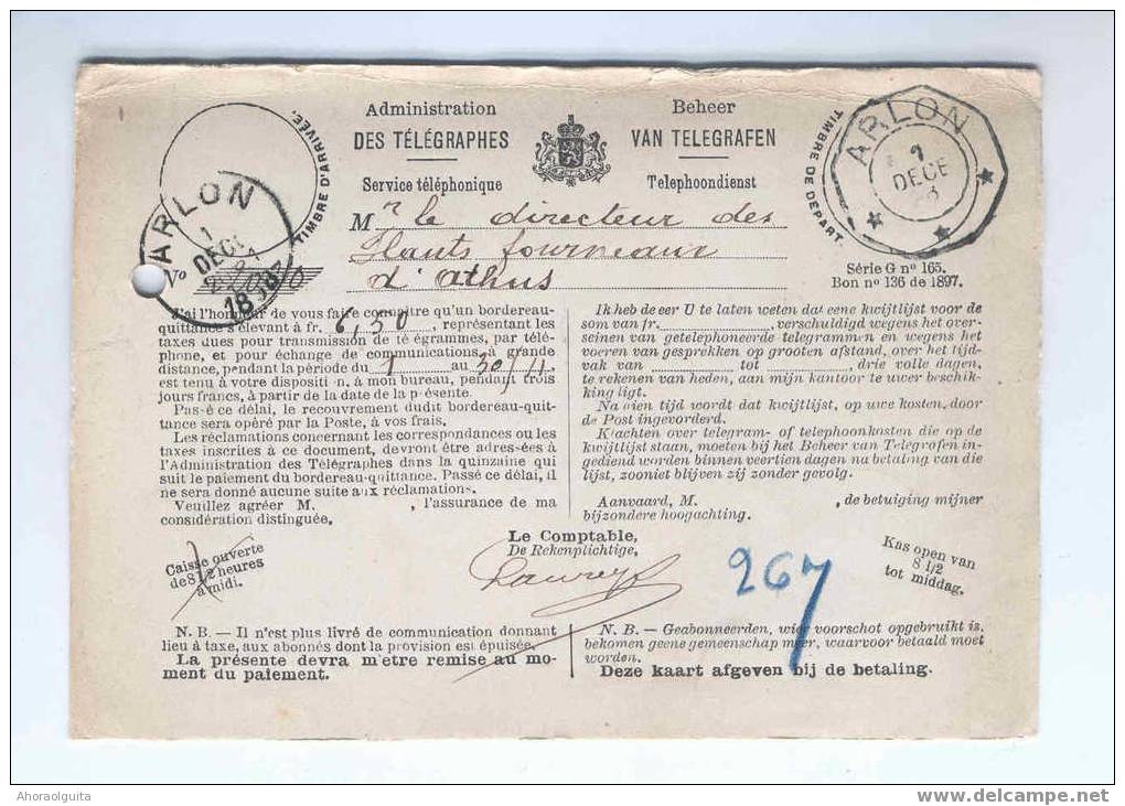 Carte De Service TELEPHONE Cachets Télégraphique Et Postal ARLON 1898 Vers ATHUS   --  4/897 - Telefono [TE]