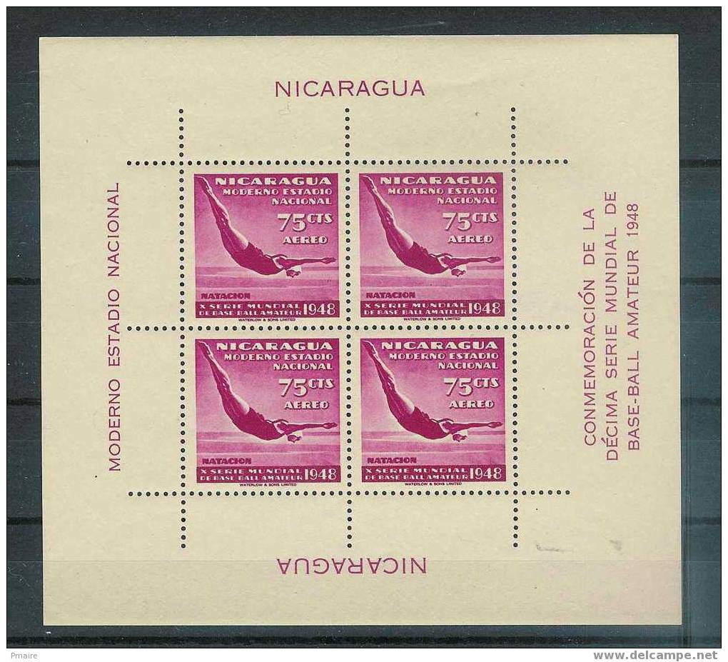 P27 Rare Bloc Neuf ** 1948 NICARAGUA Theme Natation Plongeon Swimming - Swimming