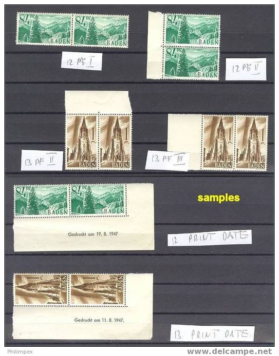 GERMANY, FRENCH ZONE BADEN, GROUP FOR SPECIALIST, VARIETIES PRINT DATES NH **! - Bade