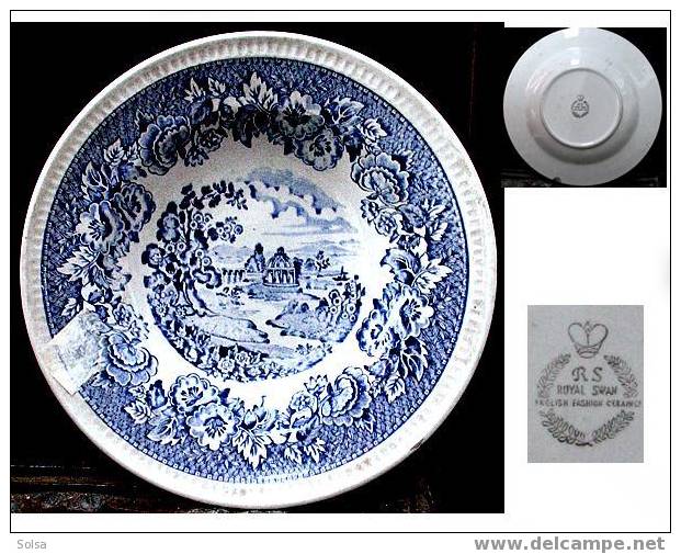 Ancienne Assiette Anglaise Céramique Bleue Et Blanche Signée D'une Couronne Avec RS Royal Swan Old English Plate - Royal Stafford (GBR)