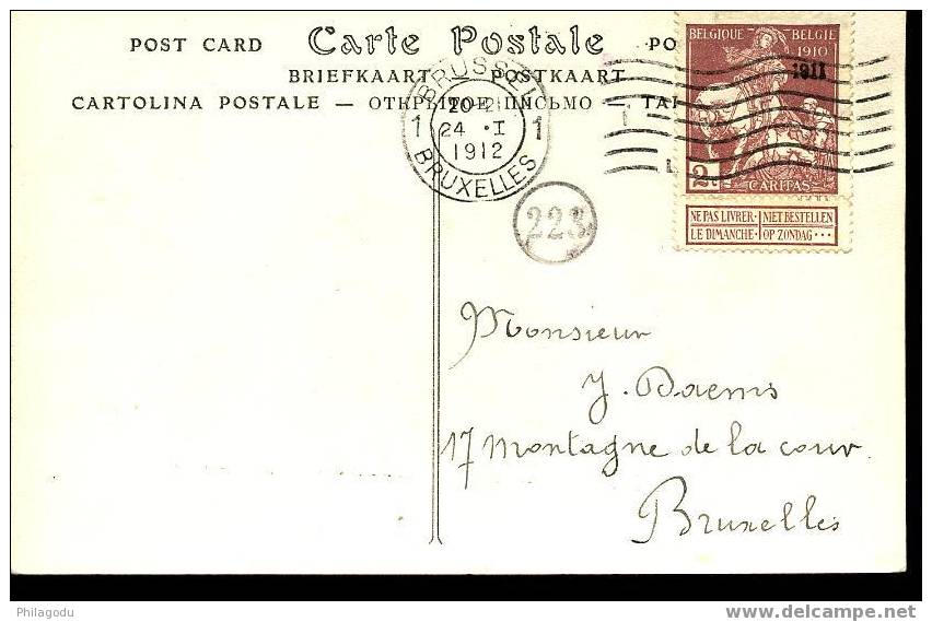 2C 1911 Sur Très Belle Carte Postale De L'ancienne Poste De Bruxelles Monnaie - 1910-1911 Caritas