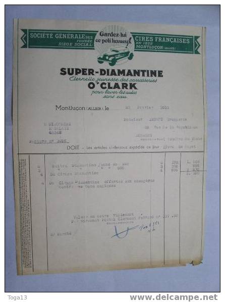 MONTLUCON 1953 - STE GENERALE DES CIRES FRANCAISES "SUPER DIAMANTINE" POUR CARROSSERIES AUTOS (2793) - Altri & Non Classificati
