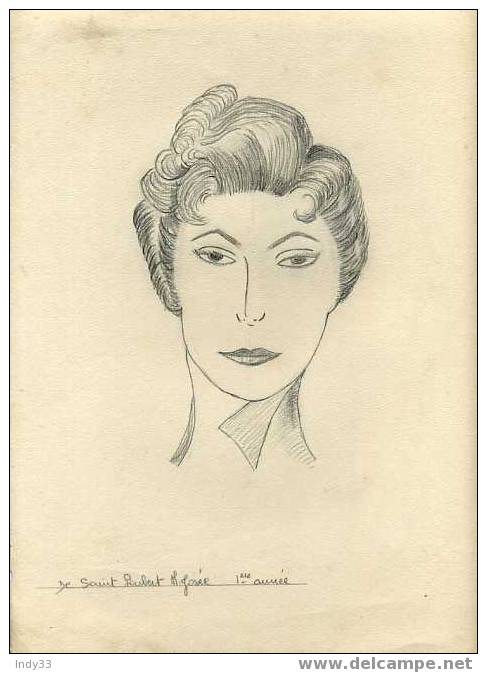 - DESSIN AU CRAYON .TÊTE DE FEMME . TRAVAIL D´ECOLIER ANNEES 1950 - Drawings