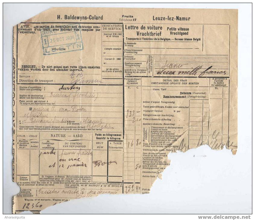 Document Partiel Chemin De Fer PRIVE NORD BELGE 1 LUSTIN  1924 Bleu   --  4/948 - Nord Belge