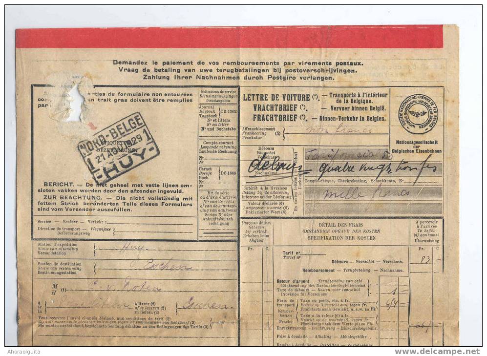 907/27 -- Lettre De Voiture Chemin De Fer PRIVE NORD BELGE 1 HUY 1929 Vers Cachet RARE ESSCHEN FRONTIERE - Nord Belge