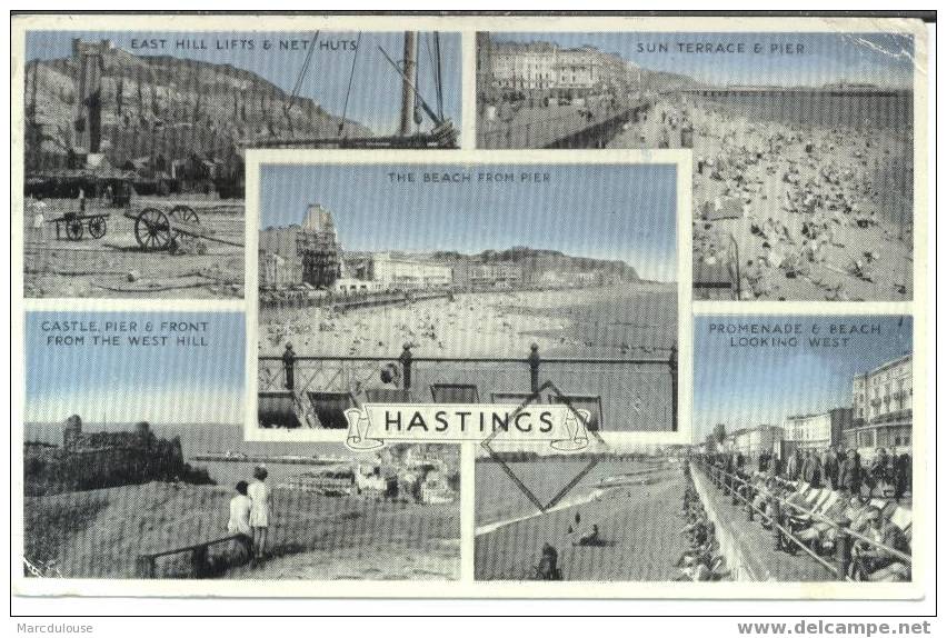 Hastings. Beach From Pier. East Hill Lifts & Net Huts. Sun Terrace. Castle & Front From West Hill. Promenade & Beach. - Hastings