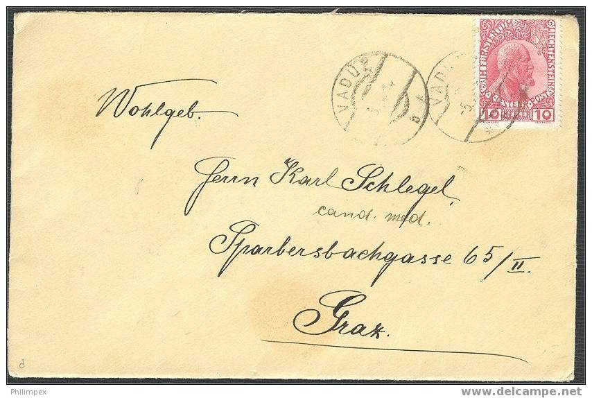 LIECHTENSTEIN #2, 10 HELLER 1912 TO AUSTRIA, COMMERCIAL MAIL - Briefe U. Dokumente