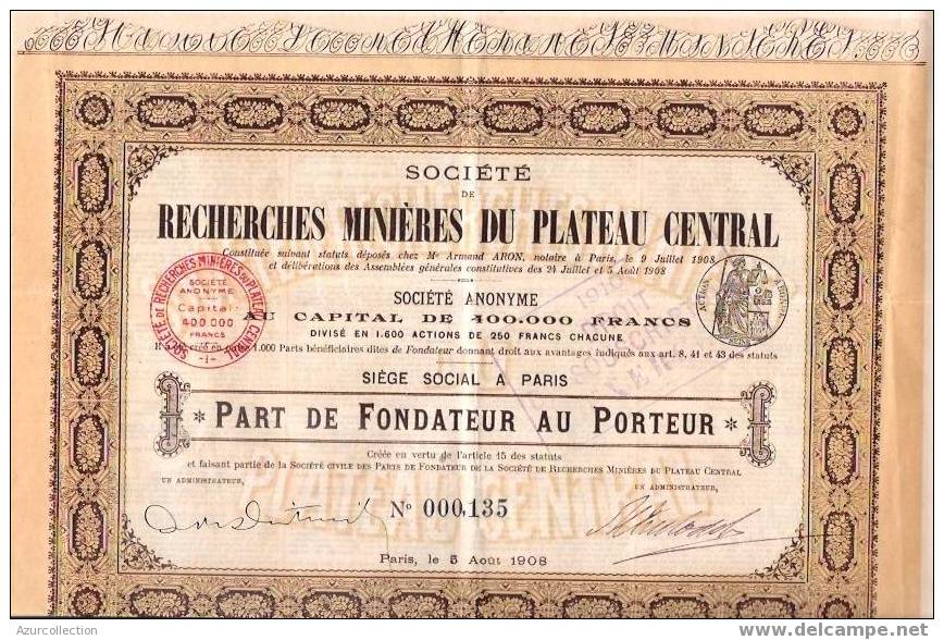 TITRE  .MINES DU PLATEAU CENTRAL - Miniere