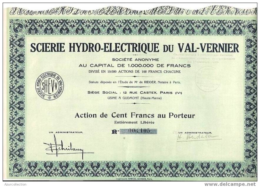 TITRE  .SCIERIE DU VAL VERNIER .GUDMONT .52 - Industrie