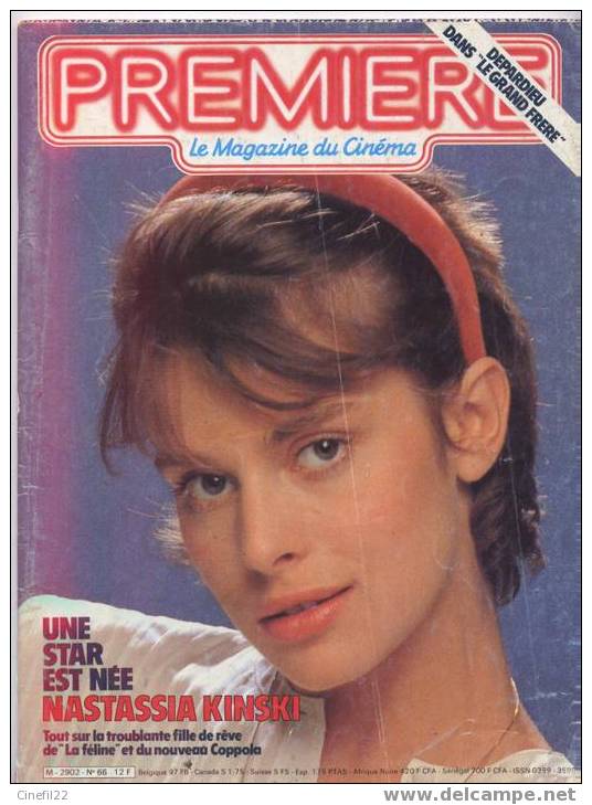 PREMIERE - N° 66 - Septembre 1982 - Nastassia KINSKI, Gérard DEPARDIEU .... - Cinema