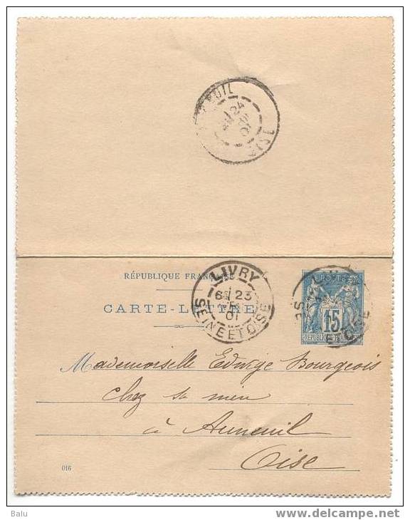 France Entier Postal Yvert No. 90-CL17 Carte Lettre Type Sage 15c Bleu Sur Gris, Daté 016, TB, Mit Ankunftsstempel Oise - Kartenbriefe