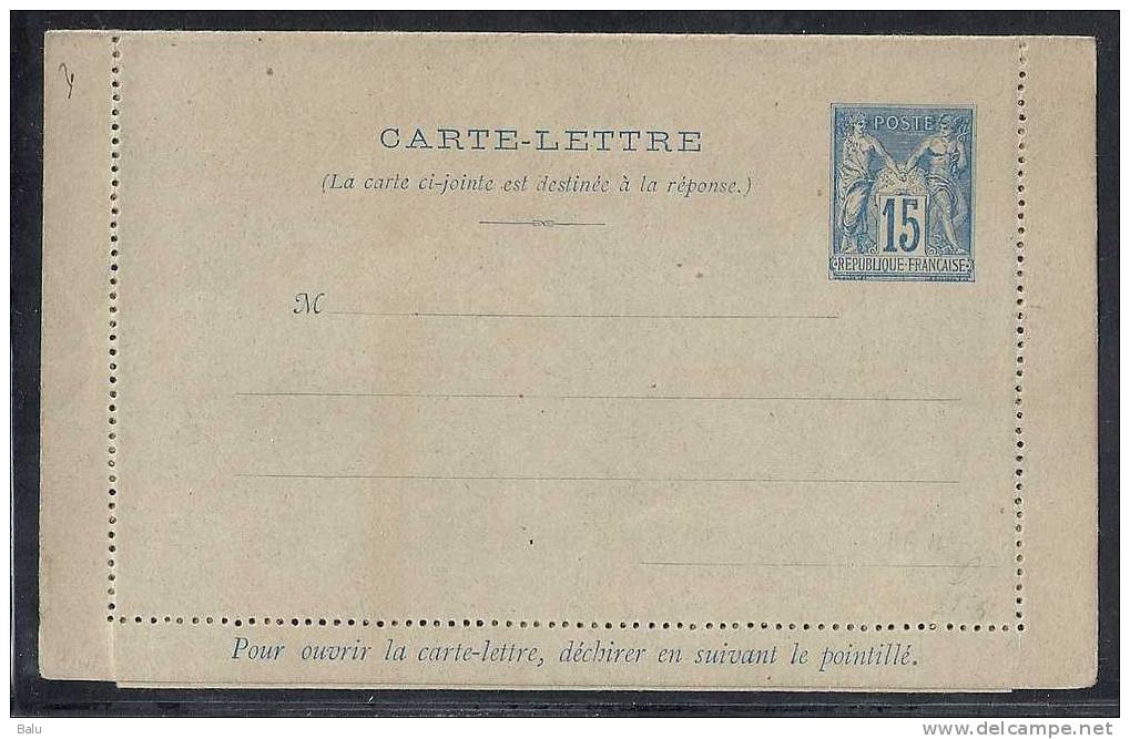 France Entier Postal Yvert No. 90-CLRP1 Carte Lettre Type Sage 15c + 15c Bleu Sur Gris Sans République Francaise - Kartenbriefe