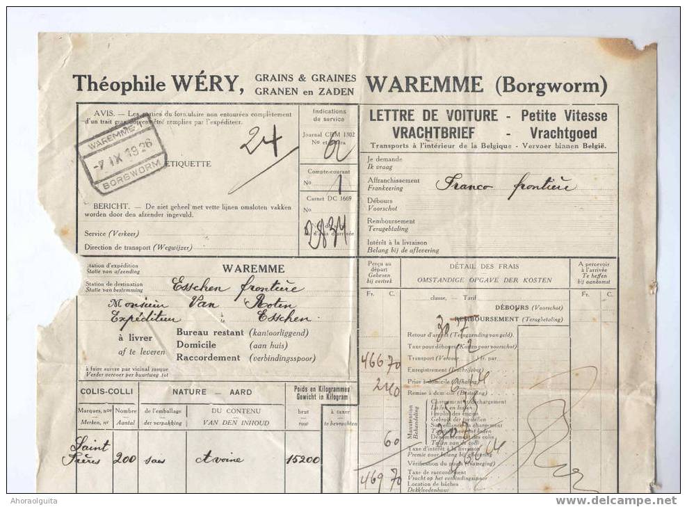 Lettre De Voiture Entete Théo Wery , Graines - Cachet De Gare WAREMME 1926 Vers ESSCHEN   -- 4/980 - Andere & Zonder Classificatie