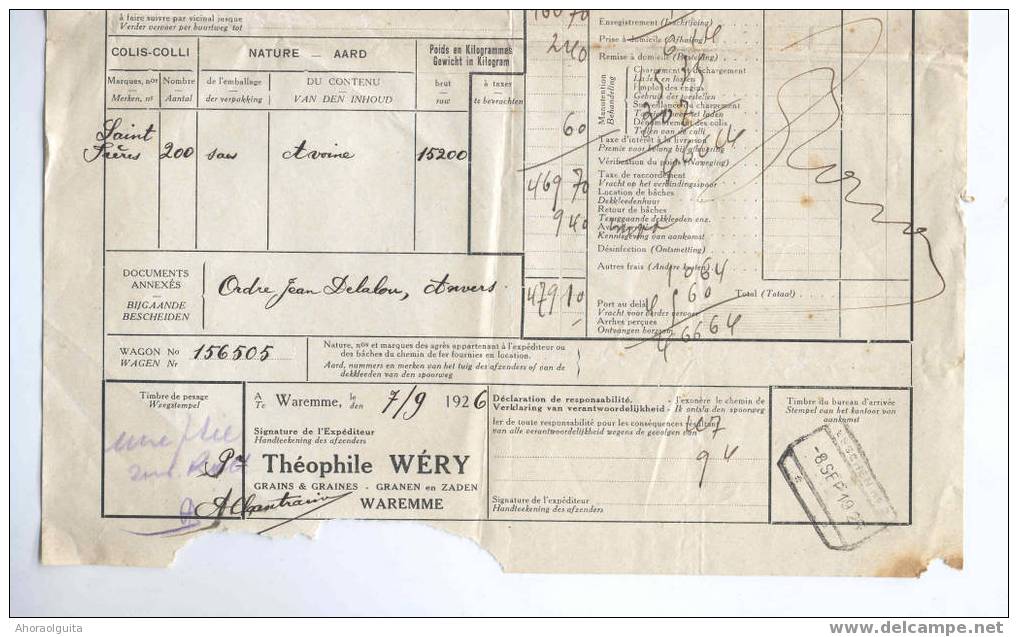 Lettre De Voiture Entete Théo Wery , Graines - Cachet De Gare WAREMME 1926 Vers ESSCHEN   -- 4/980 - Other & Unclassified