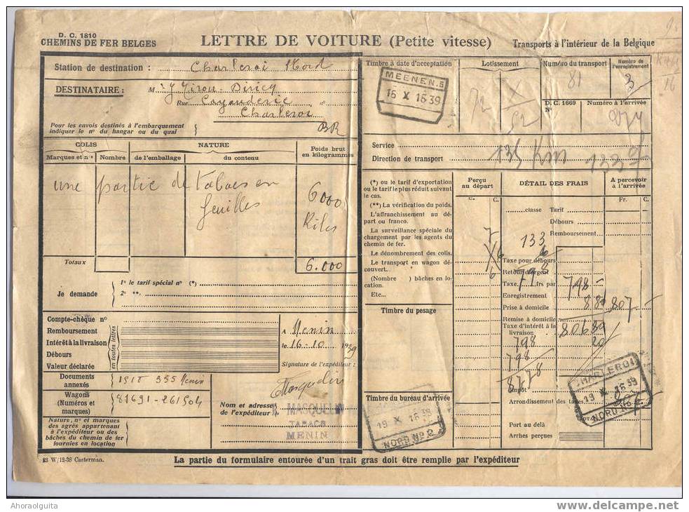 853/27 --  Lettre De Voiture Cachet De Gare MEENEN 1939 Vers CHARLEROI - Exp. TABACS Masquelin - Andere & Zonder Classificatie