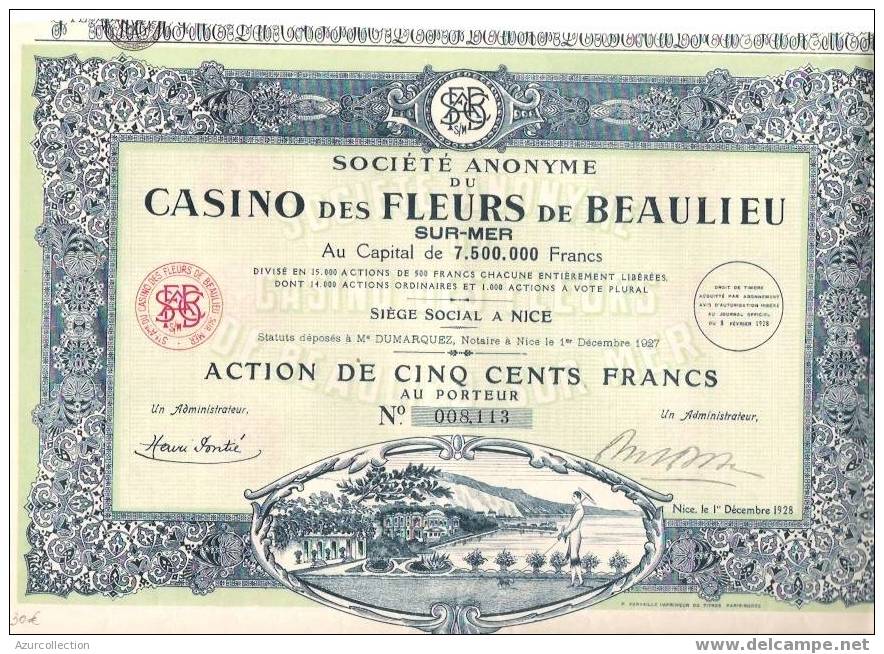 TITRE  .CASINO DES FLEURS DE  BEAULIEU .06 . - Casino