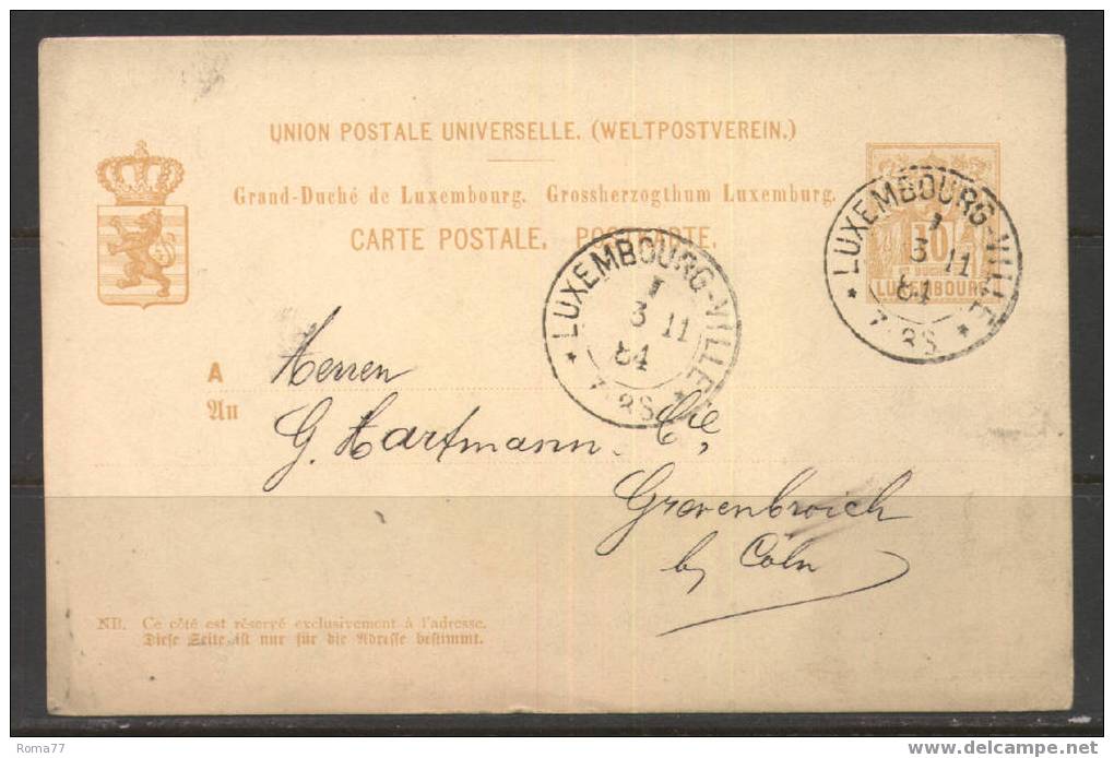 454 - LUSSEMBURGO , INTERO POSTALE 13/11/1884 - Postwaardestukken