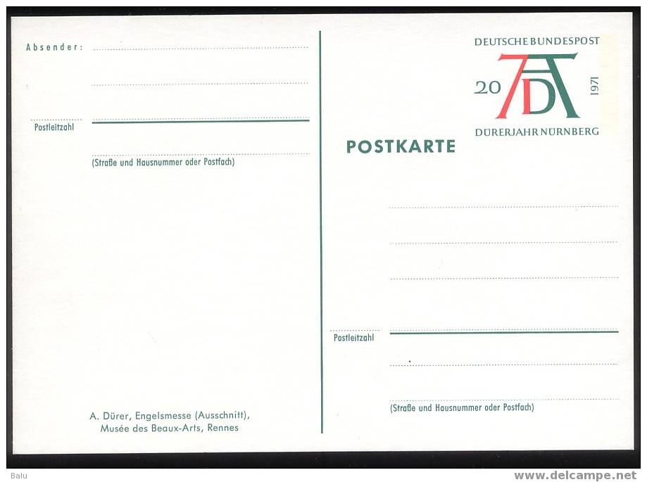 Deutschland 1971 Ganzsache Postkarte Albrecht Dürer 20 Pfennig NEU Engelsmesse TOP-Zustand - Postcards - Mint