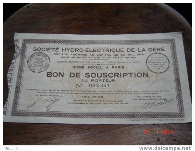 SOCIETE HYDRO-ELECTRIQUE DE LA CERE - BON DE SOUSCRIPTION AU PORTEUR - 1932 - Electricidad & Gas