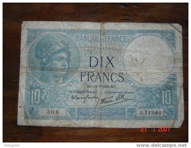 10 FRANCS 1939 - 10 F 1916-1942 ''Minerve''