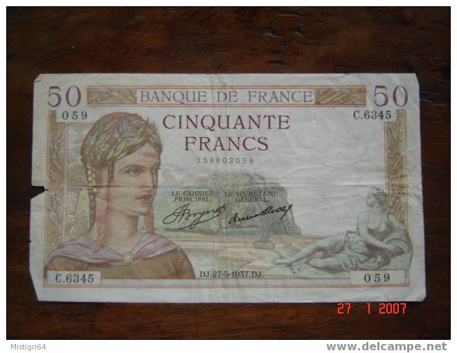 50 FRANCS 1937 - 50 F 1934-1940 ''Cérès''