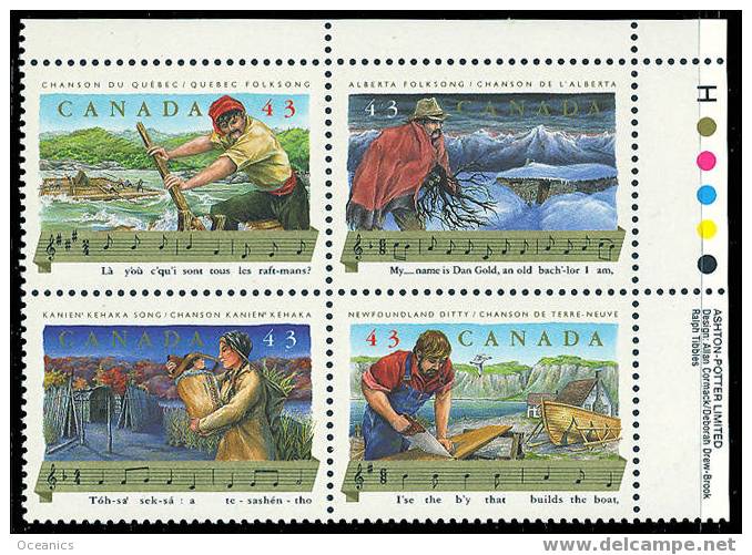 Canada (Scott No.1494a - Folklore) (**) Bloc Avec Inscription / Plate Bloc - Plaatnummers & Bladboorden