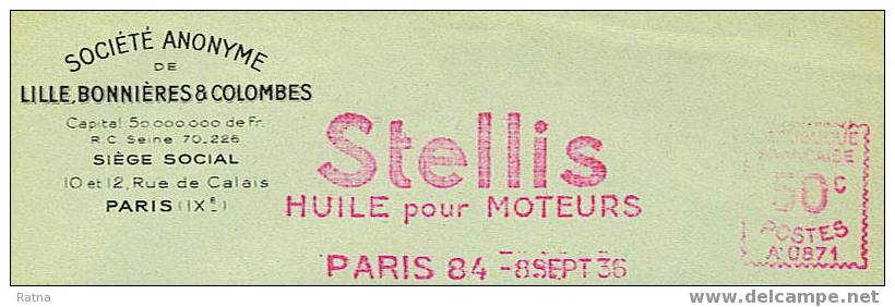 France : EMA Machine A /lettre 1936, Stellis Huile Moteur Energie Petrole Oil Fuel Auto - Pétrole