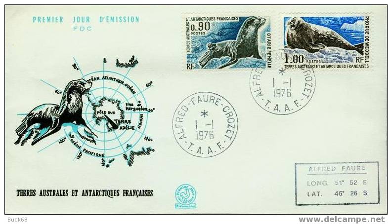 TAAF FSAT Pa  57 & 58 FDC Premier Jour Cachet Alfred-Faure-Crozet Du 1er Janvier 1976 Pôle Sud Antarctique - FDC