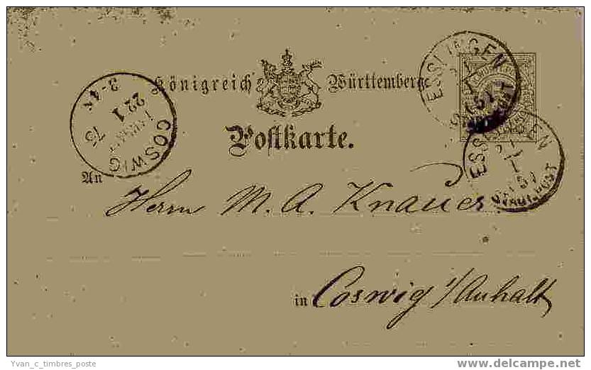 ALLEMAGNE KONIGREICH WURTTEMBERG ENTIER POSTAL 22 JANVIER 1875 - Other & Unclassified