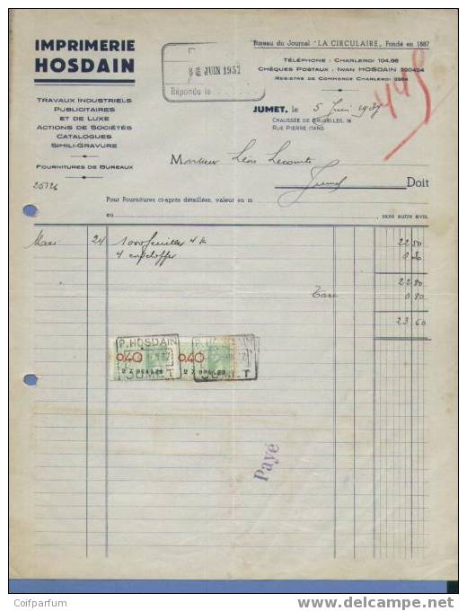 IMPRIMERIE  JUMET  1937  (F515) - Druck & Papierwaren