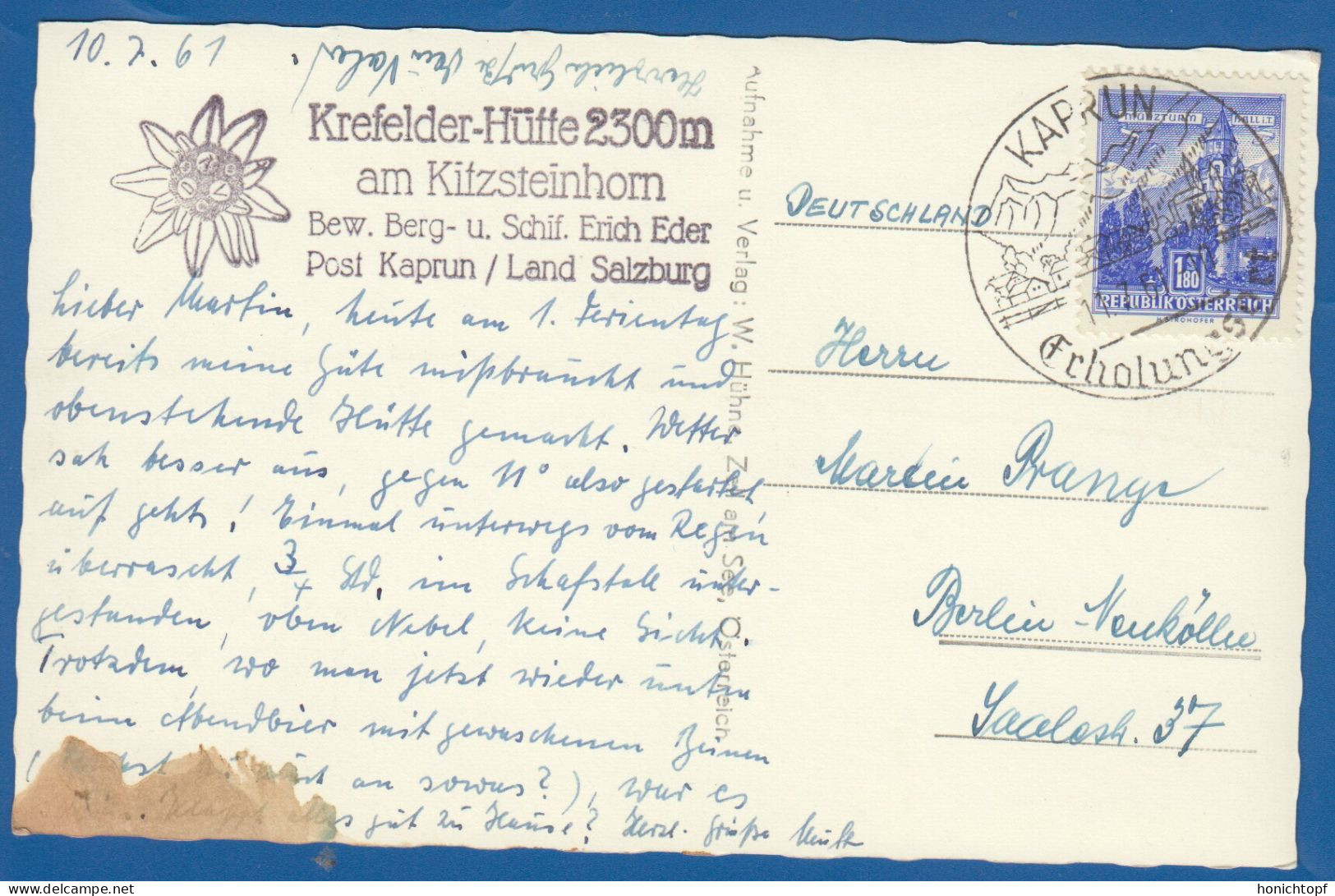 Österreich; Kaprun; Stausee; Stempel Krefelder - Hütte Am Kitzsteinhorn; 1961 - Kaprun