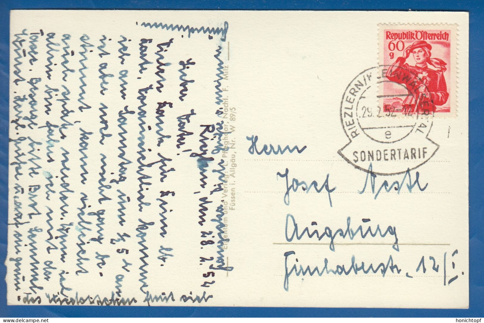 Österreich; Baad; Güntlispitze Und Hochstarzel; 1952; Stempel Riezlern Sondertarif; Kleinwalsertal - Kleinwalsertal