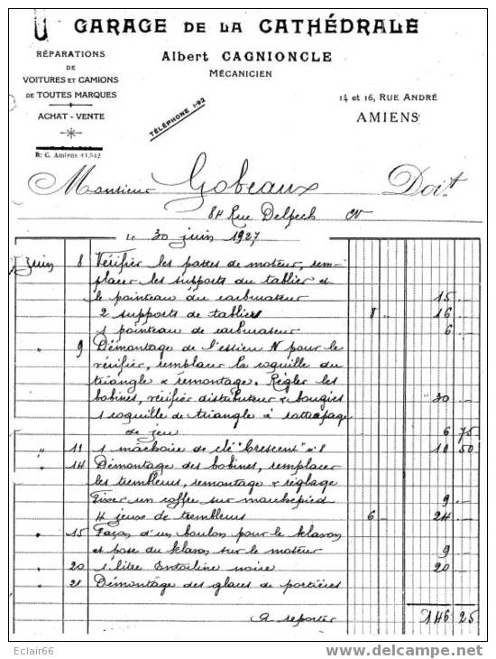 80  Amiens  Facture Du  GARAGE De La CATHEDRALE . Albert  CAGNIONCLE Timbre Fiscal Mécanicien Rue André14 Et 16 - Automobile