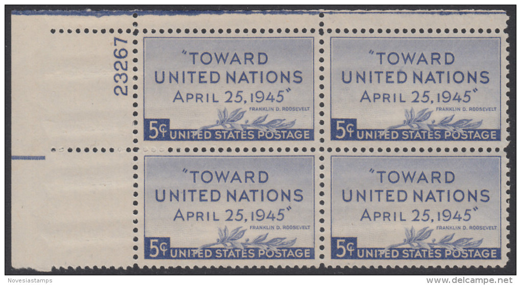 !a! USA Sc# 0928 MNH PLATEBLOCK (UL/23267) - United Nations Conference - Unused Stamps
