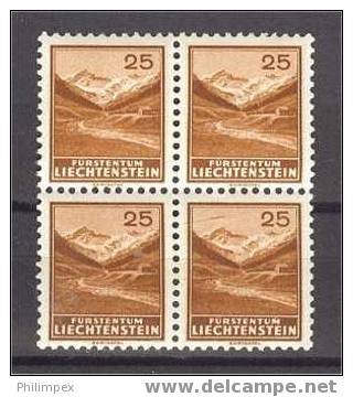 LIECHTENSTEIN 25 CENTIMES 1934-36, NH BLOCK OF 4! - Neufs