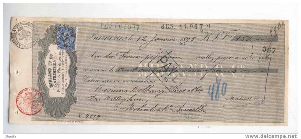 Lettre De Change S/Papier Fiscal TP No 60 En 1895 - Mirland Et Cie , FRAMERIES , Fabrique Pate De Pommes  --  5/098 - 1893-1900 Thin Beard