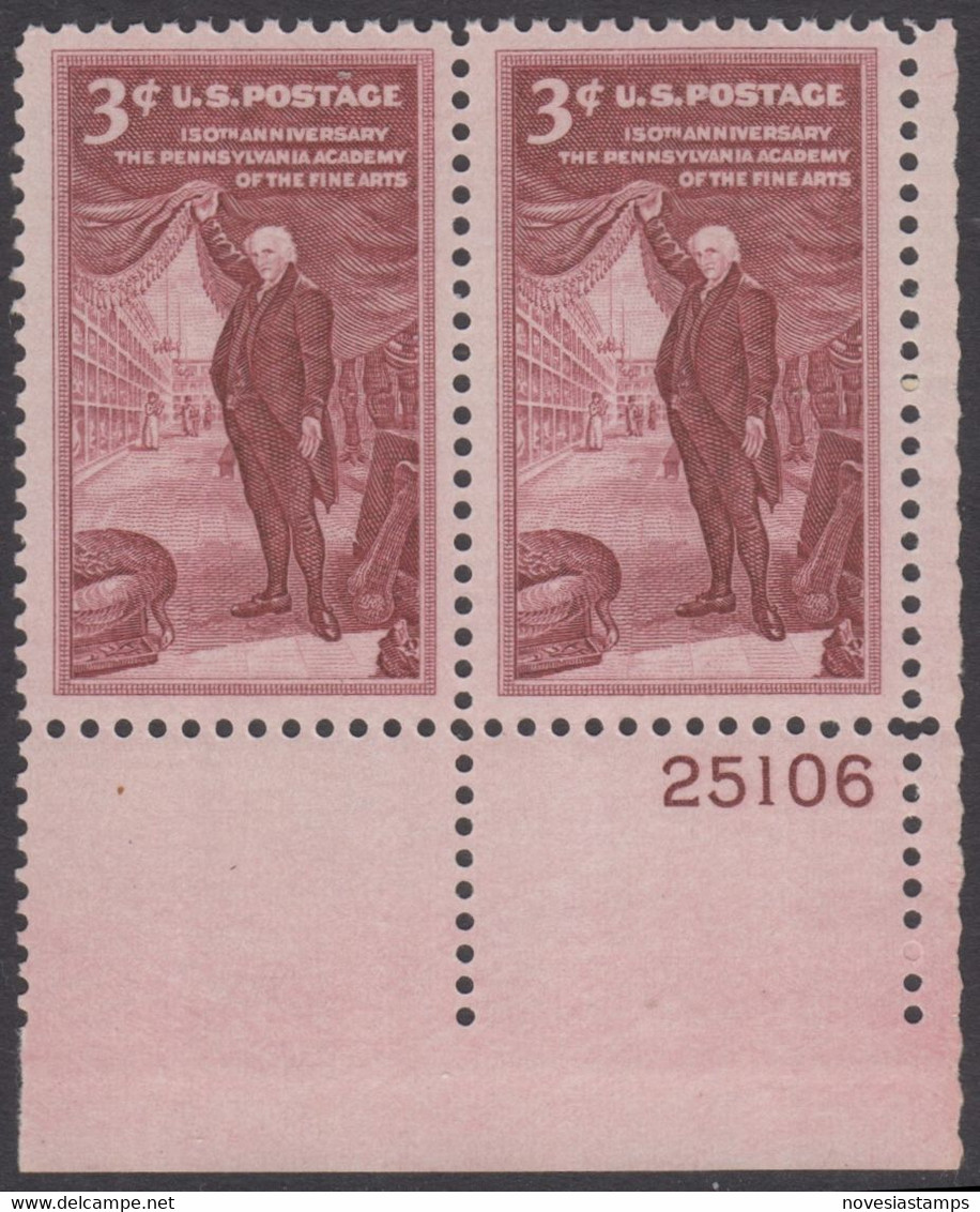 !a! USA Sc# 1064 MNH Horiz.PAIR From Lower Right Corner W/ Plate-# 25106 - Pennsylvania Academy Of The Fine Arts - Unused Stamps