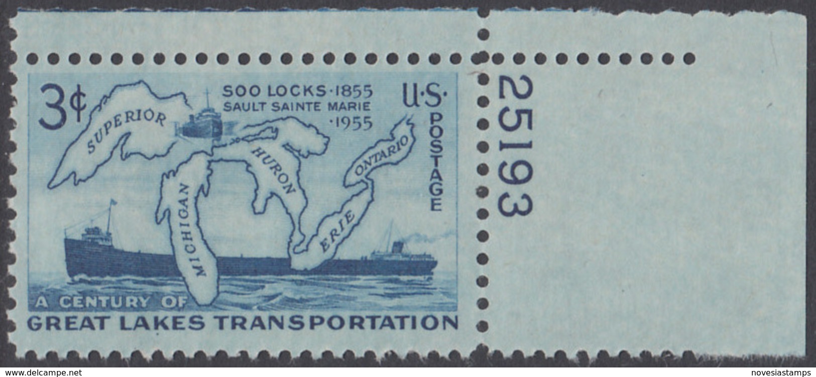 !a! USA Sc# 1069 MNH SINGLE From Upper Right Corner W/ Plate-# 25193 - Soo Locks - Unused Stamps