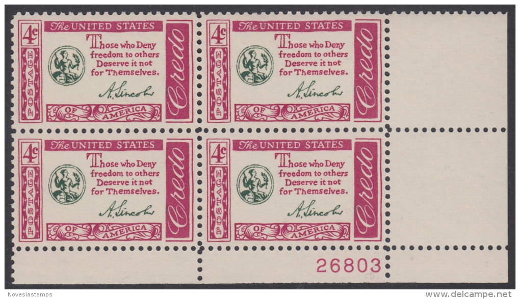 !a! USA Sc# 1143 MNH PLATEBLOCK (LR/26803/a) - American Credo: Lincoln - Unused Stamps