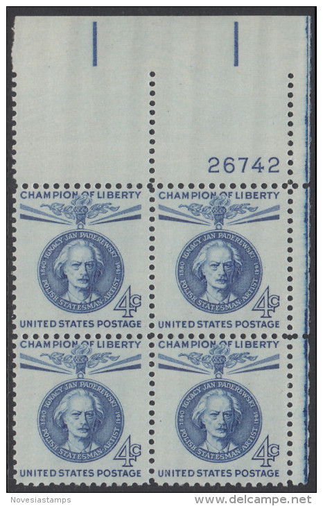 !a! USA Sc# 1159 MNH PLATEBLOCK (UR/26742) - Champion Of Liberty: Ignacy Jan Paderewsky - Unused Stamps