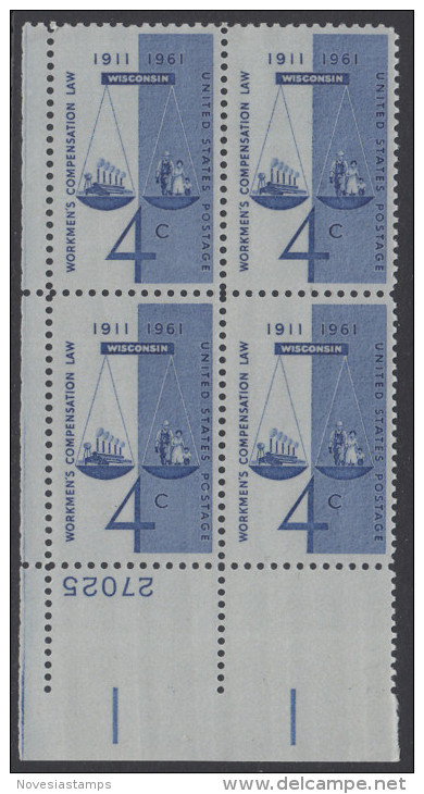 !a! USA Sc# 1186 MNH PLATEBLOCK (LL/27025) - Workmen's Compensation - Neufs