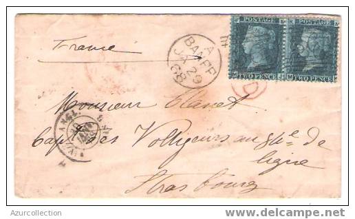 PAIRE DE 2 PENCES BLEUS POUR STRASBOURG .1868 - Postmark Collection