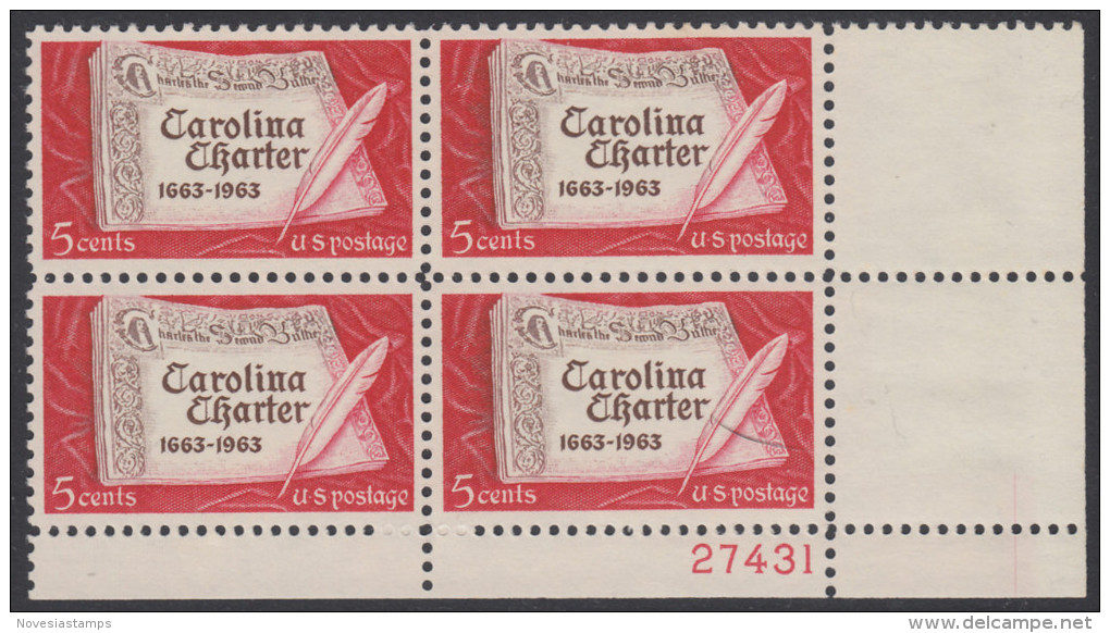 !a! USA Sc# 1230 MNH PLATEBLOCK (LR/27431) - Carolina Charter - Neufs